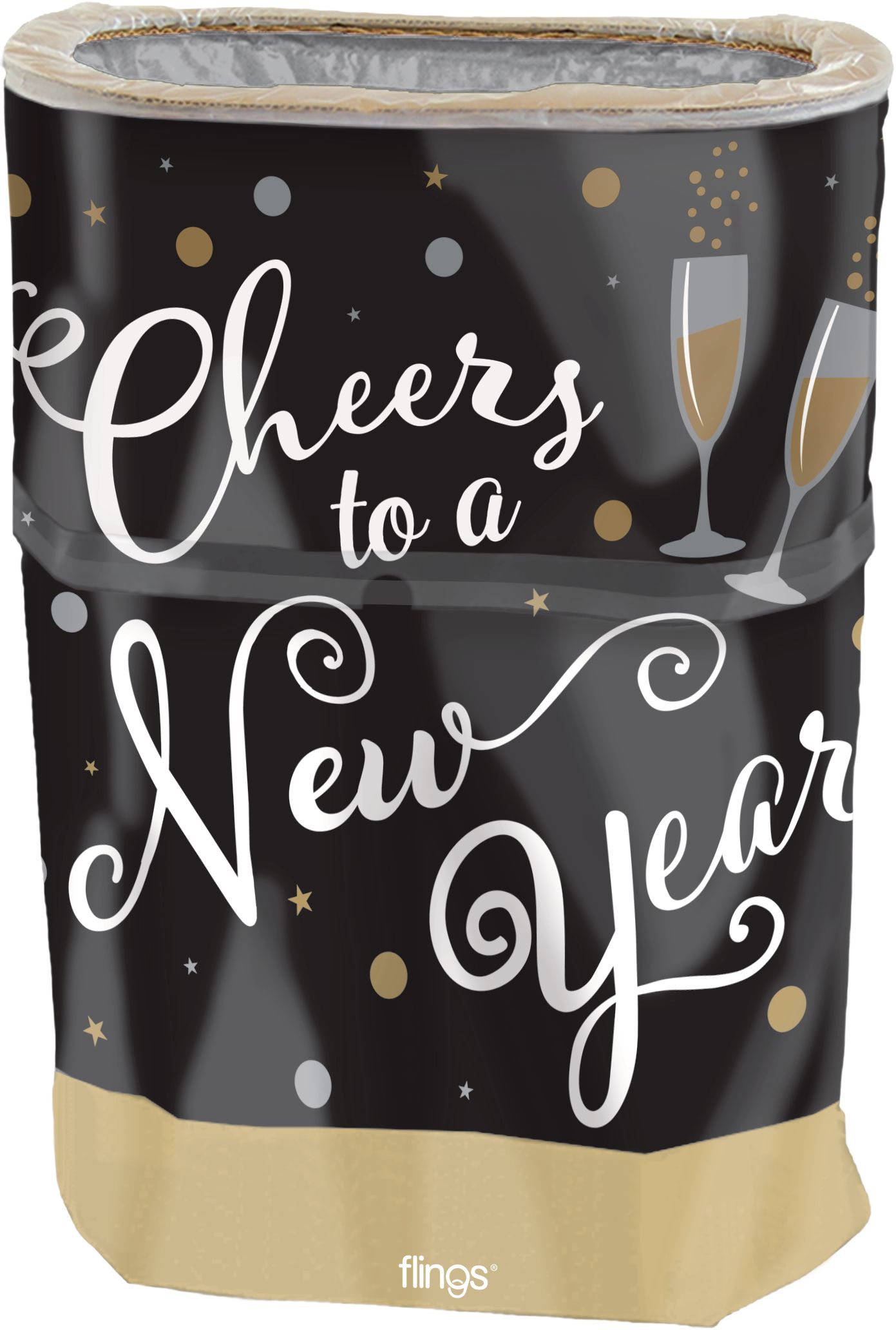 "Cheers to a New Year" Pop-Up Trash Bin, Gold/Black, 22-in, for New Year's Eve Front_Flat