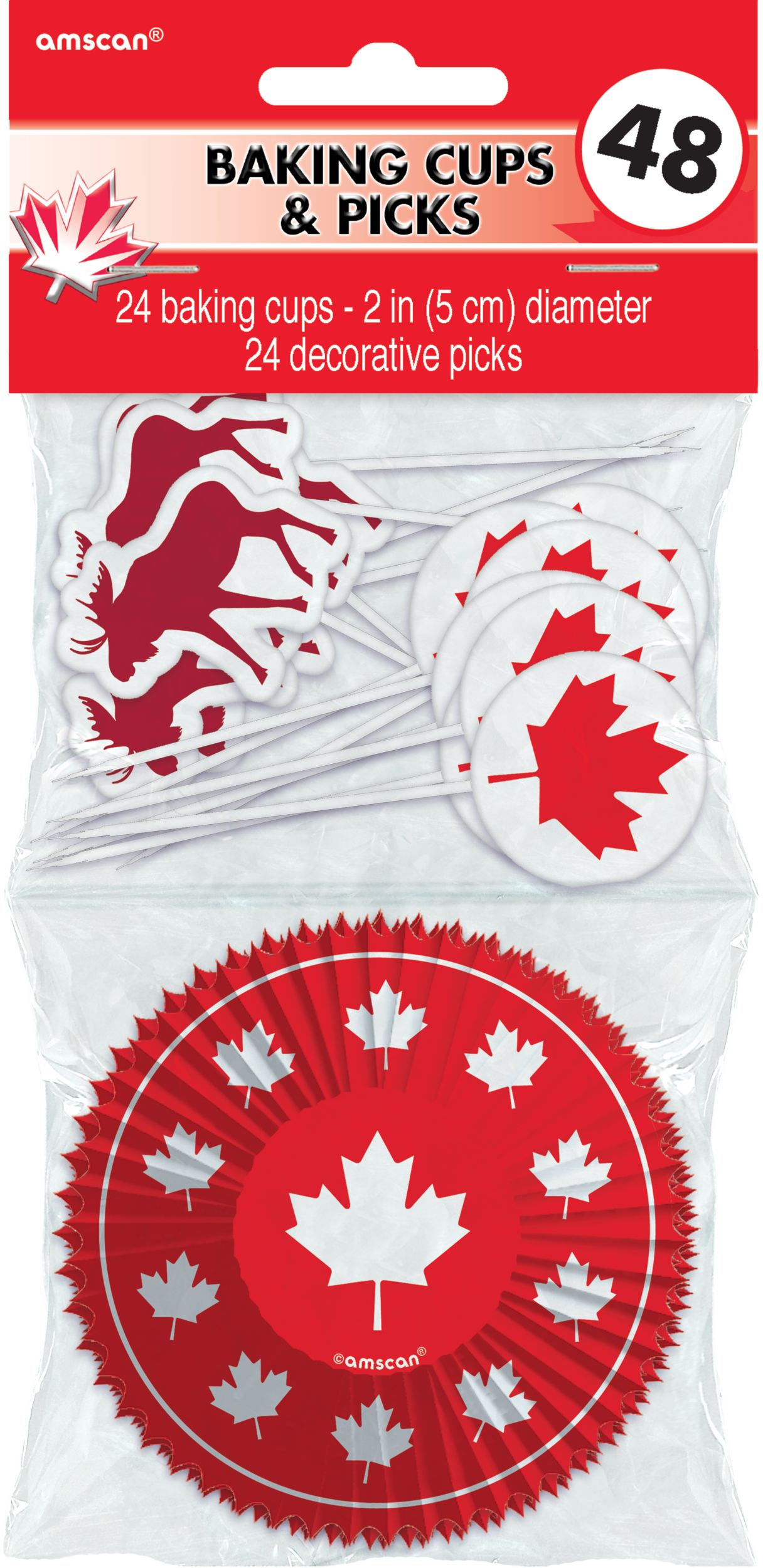 Moose Cupcake Decorating Kit with Baking Cups & Picks, Red/White, Maple Leaf, 2-in, 24-pk, for Canada Day Front_Flat