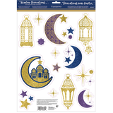 Décalcomanies de fenêtre Aïd, croissant de lune et mosquée, bleu/or/violet scintillant, paq. 15 Front_Flat