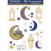 Décalcomanies de fenêtre Aïd, croissant de lune et mosquée, bleu/or/violet scintillant, paq. 15