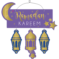 "Ramadan Kareem" Stacked Hanging Sign Decoration, Purple/Gold, 16-in, for Eid Mubarak/Ramadan Front_Flat