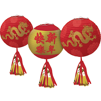 Paper Lantern Hanging Decorations, Red/Gold, 9.5-in, 3-pk, for Lunar New Year Front_Elevated