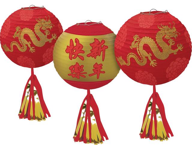 Paper Lantern Hanging Decorations, Red/Gold, 9.5-in, 3-pk, for Lunar New Year Front_Elevated