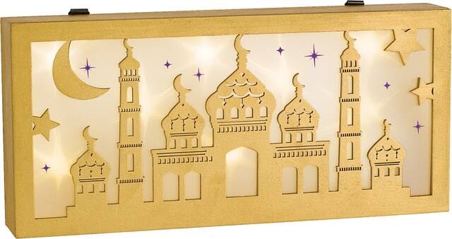 Light-Up Mosque Block Sign Table Centerpiece Decoration, Gold, 5.5-in, for Eid Mubarak/Ramadan Front_Angled_Right