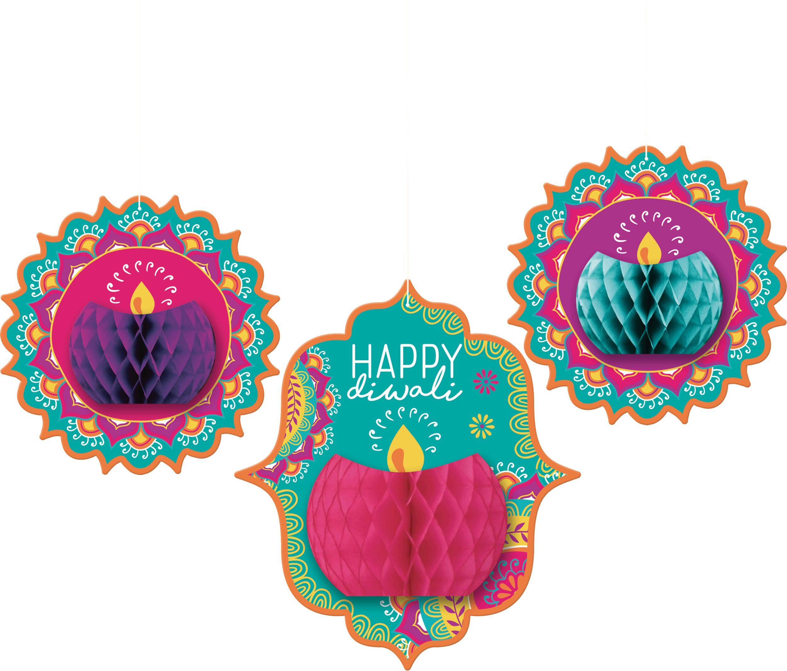 "Happy Diwali" Honeycomb Hanging Decorations, Purple/Blue, 14-in, 3-pk, for Diwali Front_Flat