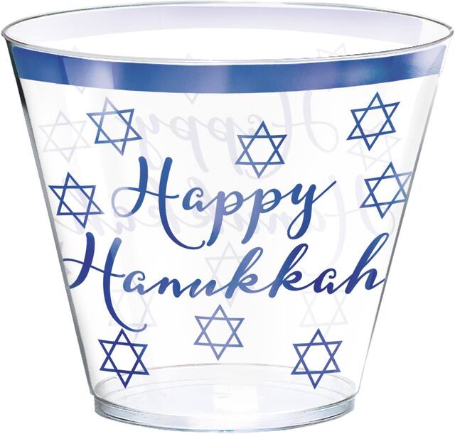 "Happy Hanukkah" Reusable Plastic Tumbler Cups, Clear/Blue, 9-oz, 30-pk, for Hanukkah Front_Elevated