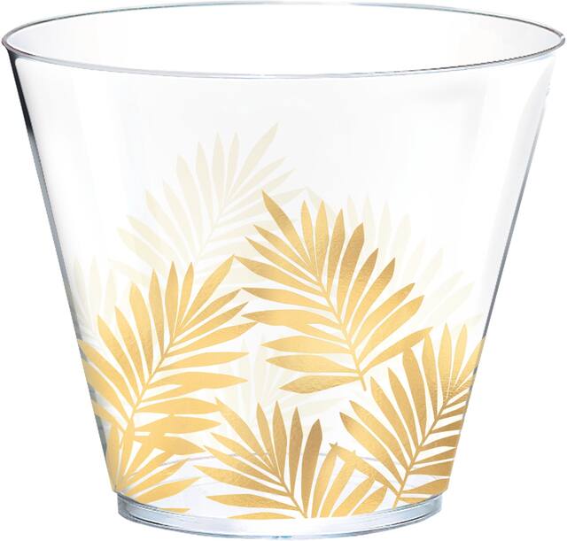 Key West Plastic Reusable Plastic Tumbler Cups, Clear/Gold, Palm Leaves, 9-oz, 30-pk, for Summer Party Front_Elevated