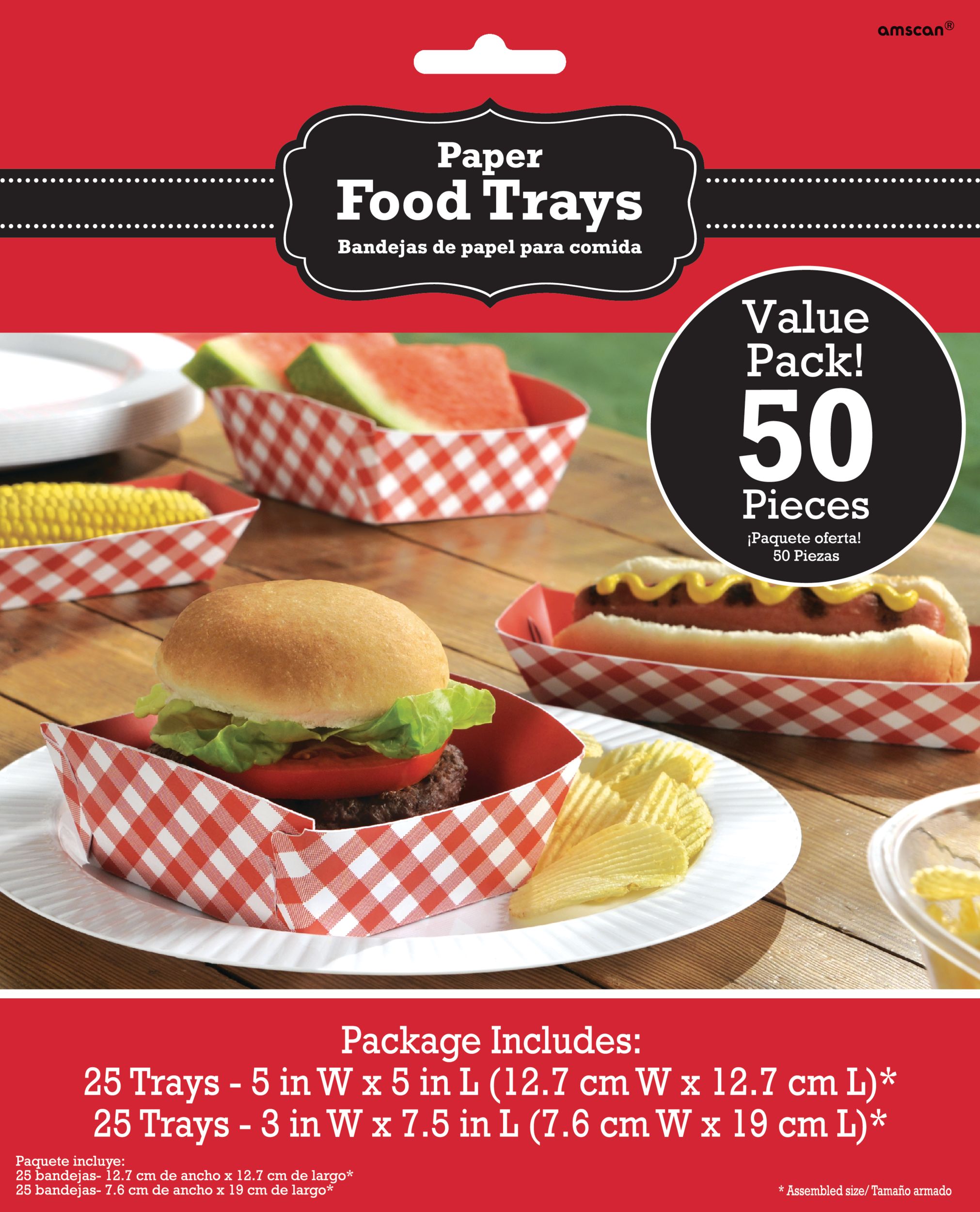 Picnic Party Red Gingham Paper Food Trays, 50-pk Front_Flat