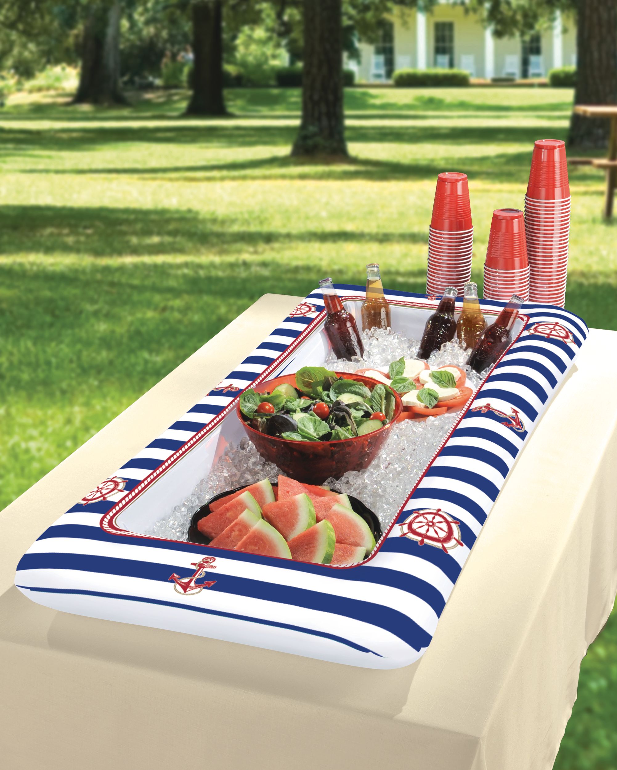 Inflatable Striped Nautical Buffet Cooler Front_Angled_Left