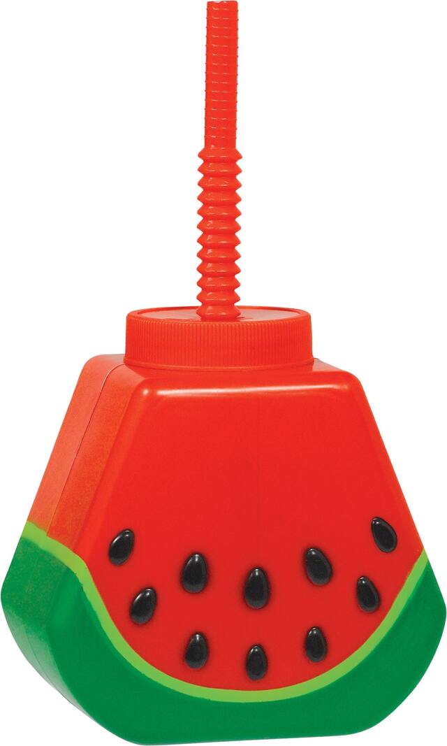 Watermelon Plastic Reusable Sippy Tumbler Cup with Straw, Red/Green, 23-oz, for Summer Party Front_Angled_Right