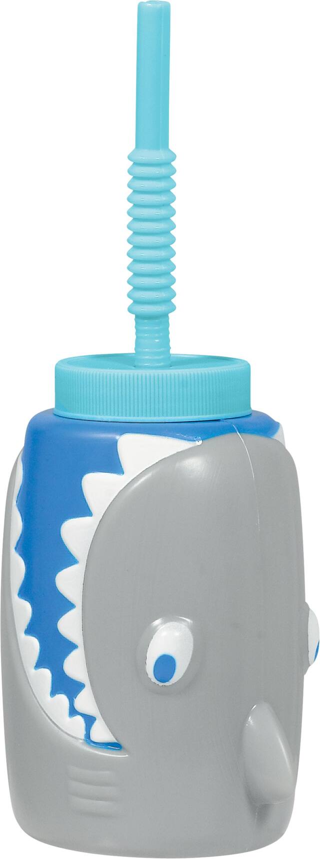 Shark Plastic Reusable Sippy Tumbler Cup with Straw, Grey/Blue, 18-oz, for Birthday Party Front_Angled_Right