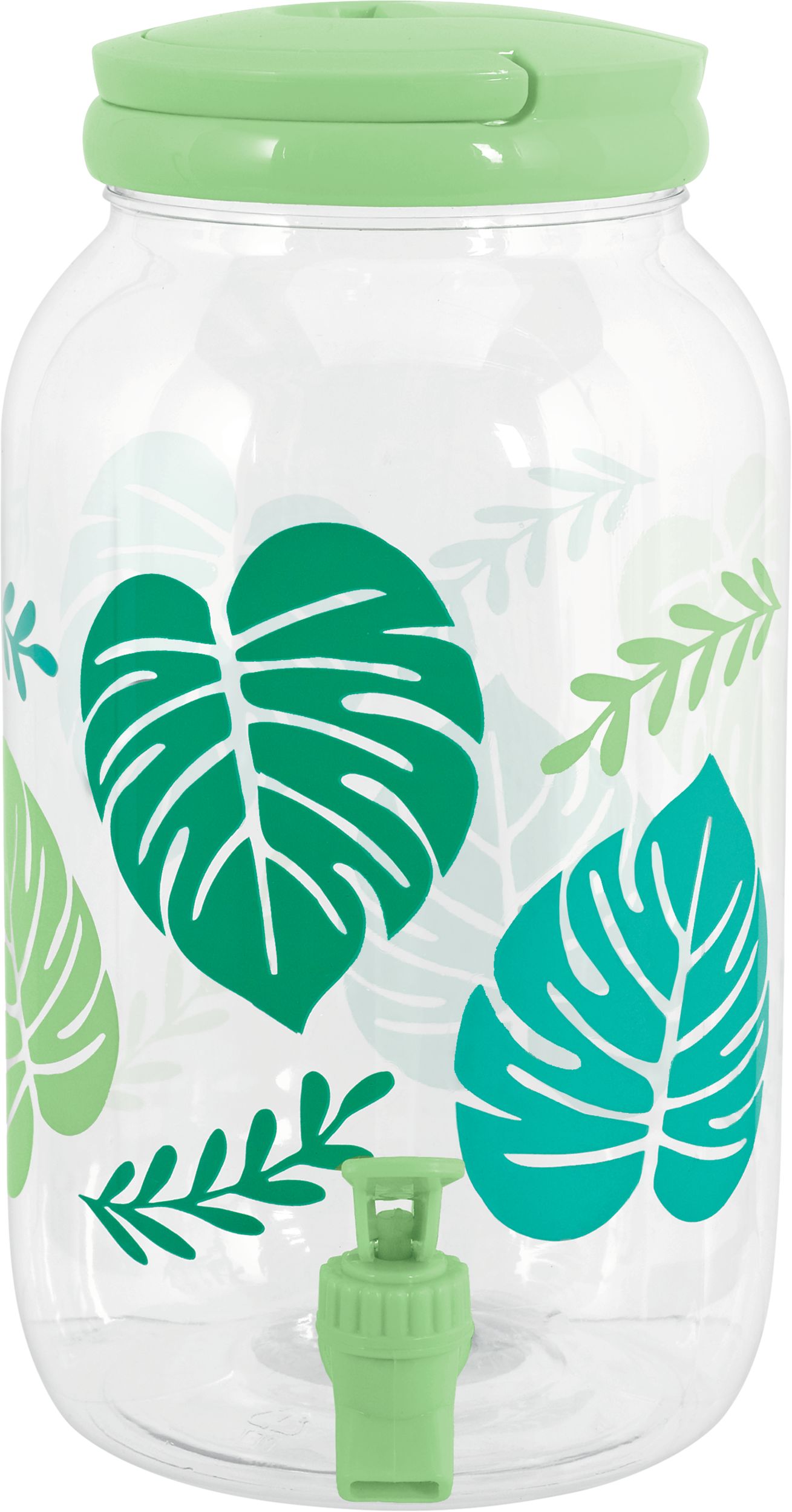 Plastic Reusable Beverage Dispenser, Green/Clear, Palm Leaves, 2.5-gal, for Summer Party Drink Dispenser Front_Flat