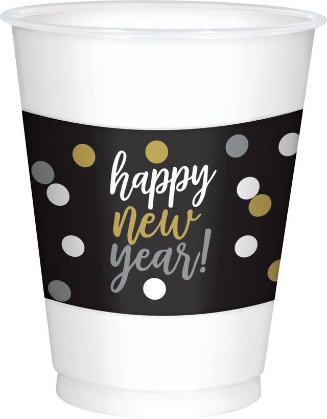 Black, Gold & Silver New Year's Cups, 25-pk Front_Elevated