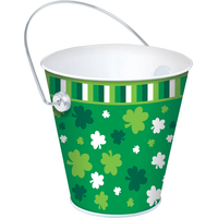 Round Metal Reusable Pail Decoration, Green/White, Shamrock, 4-in, for St. Patrick's Day Front_Angled_Right