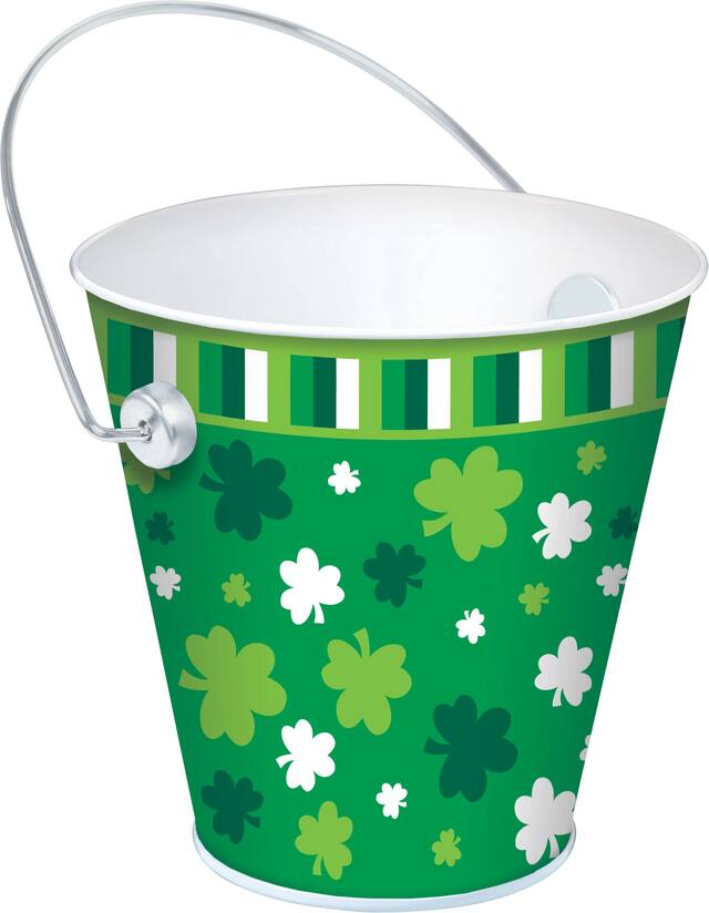 Round Metal Reusable Pail Decoration, Green/White, Shamrock, 4-in, for St. Patrick's Day Front_Angled_Right