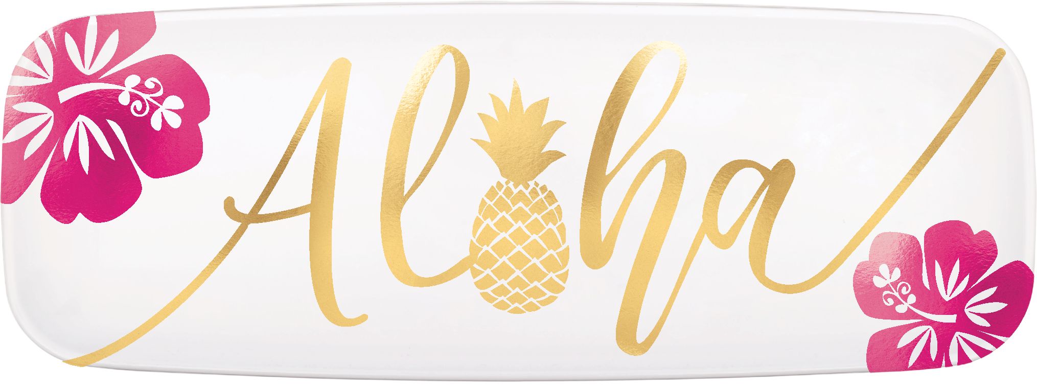 "Aloha" Rectangle Plastic Reusable Serving Platter, White/Gold, Floral, 17.5-in, for Summer Party Overhead_Flat