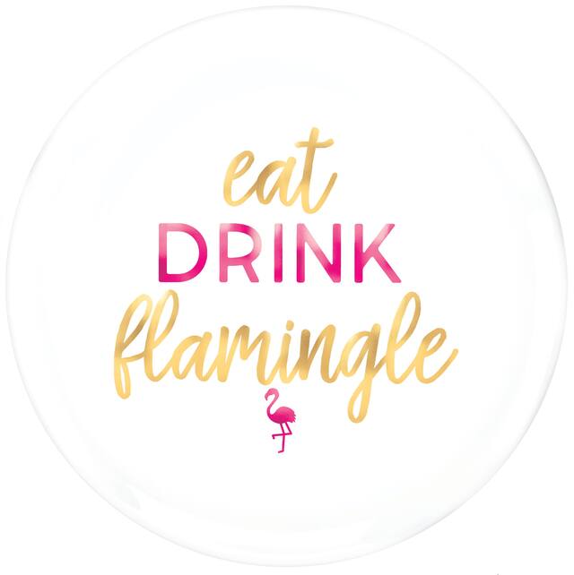"Eat Drink Flamingle" Round Plastic Reusable Serving Platter, White/Gold, 14-in, for Summer Party Overhead_Flat