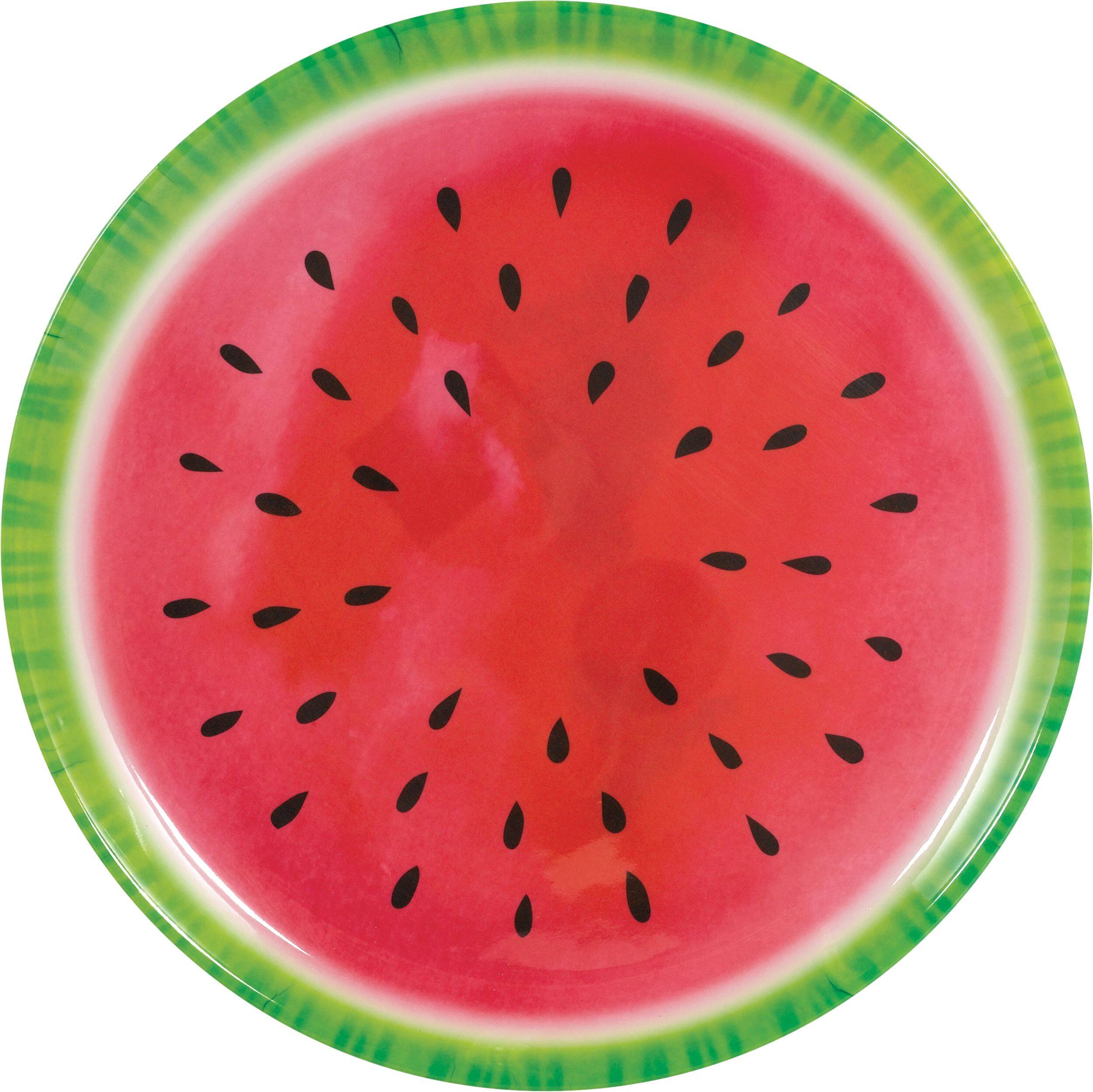 Watermelon Plastic Reusable Serving Platter, Pink/Green, 13.5-in, for Summer Party Overhead_Flat
