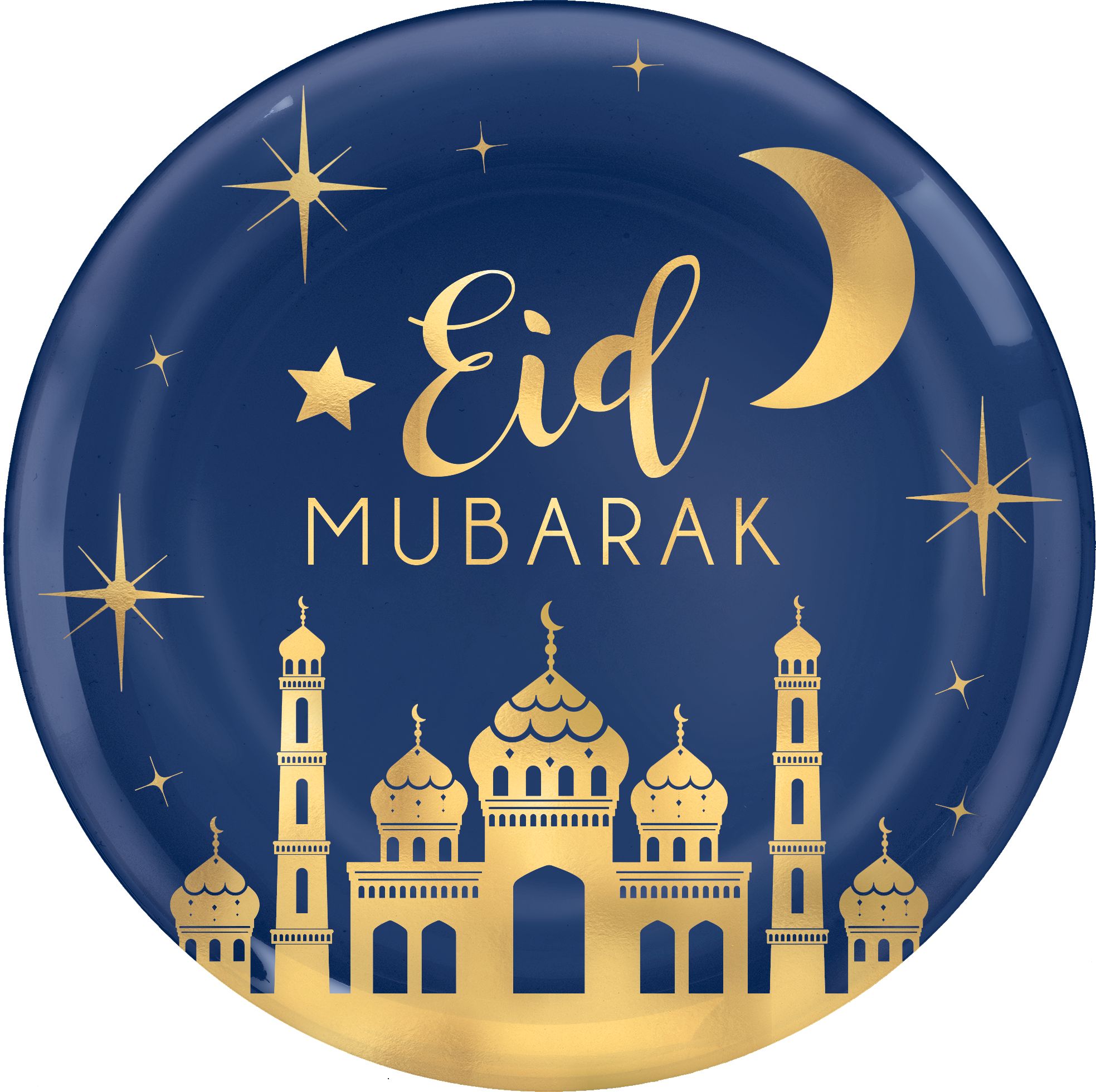 "Eid Mubarak" Round Plastic Reusable Serving Platter, Blue/Gold, 14-pk, for Eid Mubarak/Ramadan Party Supplies Overhead_Flat