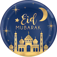 "Eid Mubarak" Round Plastic Reusable Serving Platter, Blue/Gold, 14-pk, for Eid Mubarak/Ramadan Party Supplies