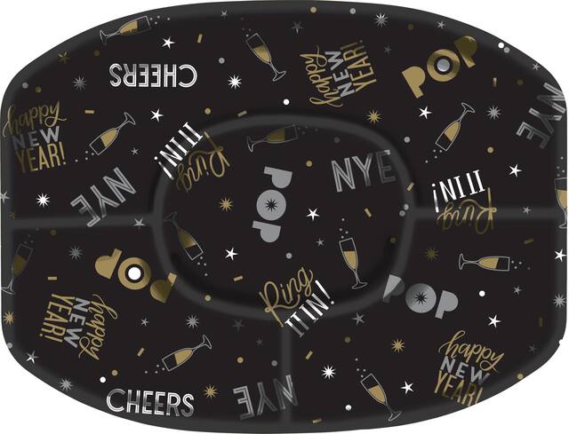 Plateau à sections, veille du jour de l'An, noir, or et argent Overhead_Flat