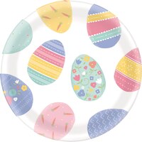Round Plastic Reusable Serving Platter, Pink/Green/Blue/Yellow,Easter Eggs, 13.5-in, for Easter Front_Flat