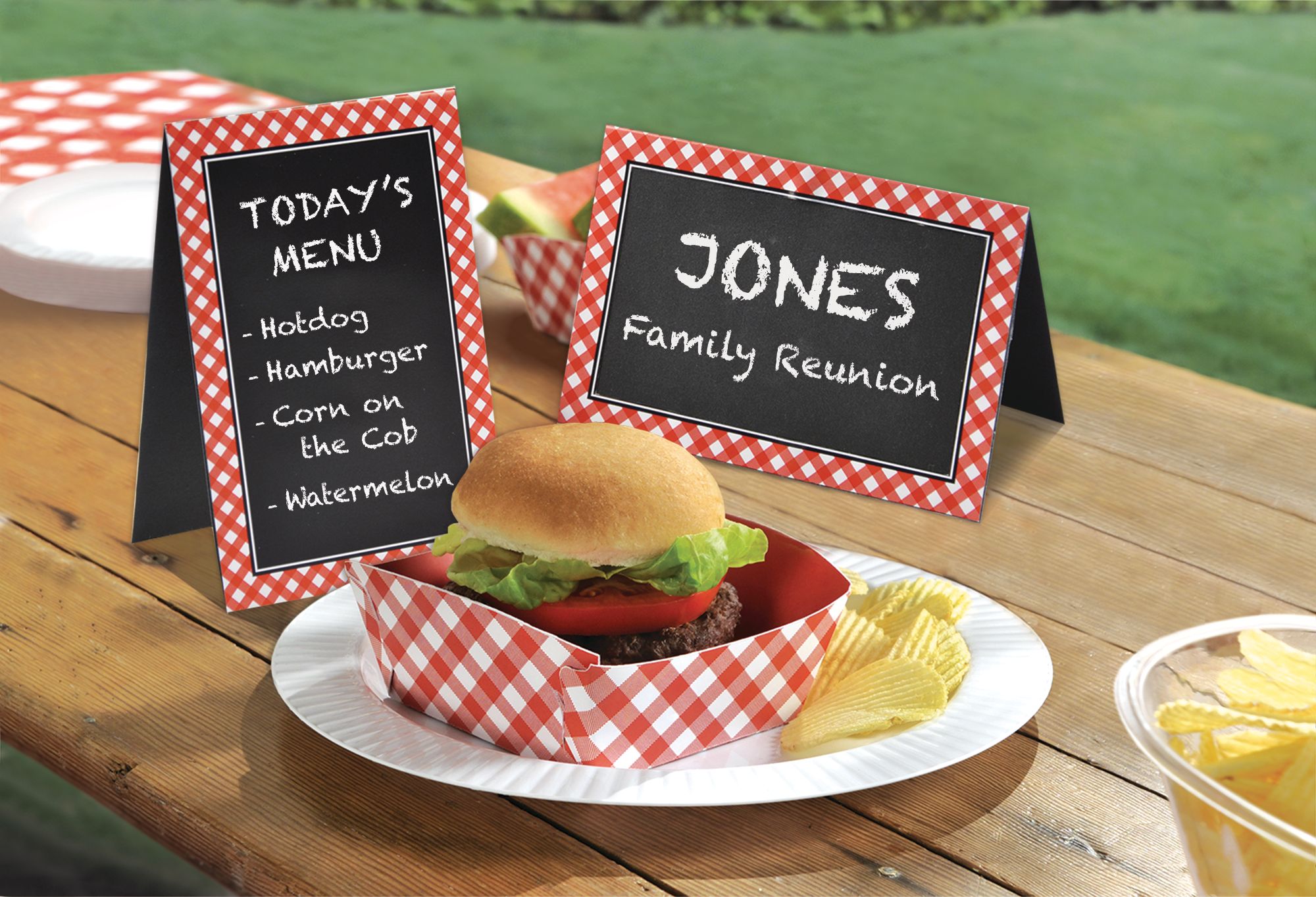 Picnic Party Red Gingham Chalkboard Tent Cards, 8-pk Composite_or_Mixed
