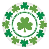 Round Paper Disposable Dessert Plates, Green/White, Shamrock, 7-in, 8-pk, for St. Patrick's Day Overhead_Flat