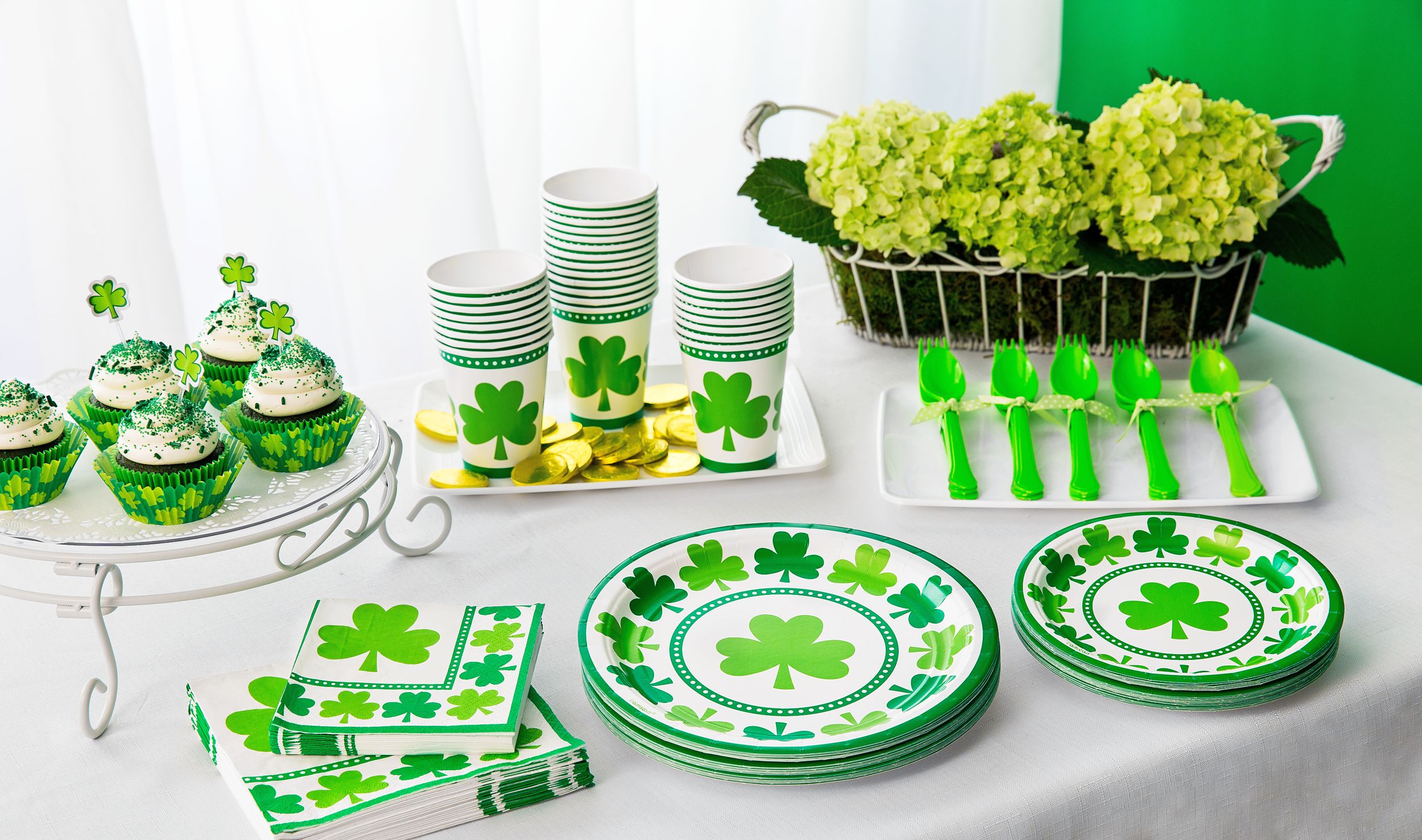 Round Paper Disposable Dessert Plates, Green/White, Shamrock, 7-in, 8-pk, for St. Patrick's Day Front_Angled_Left