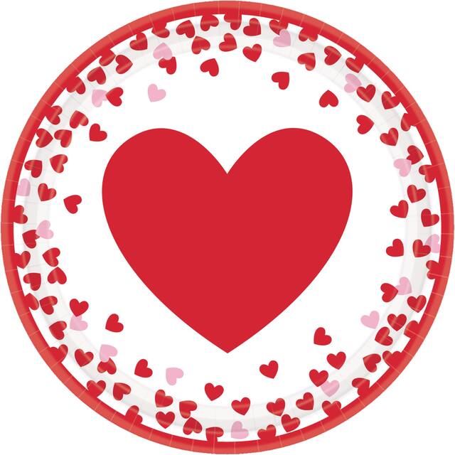 Assiettes à dessert confettis de coeurs de Saint-Valentin, paq. 8 Overhead_Flat