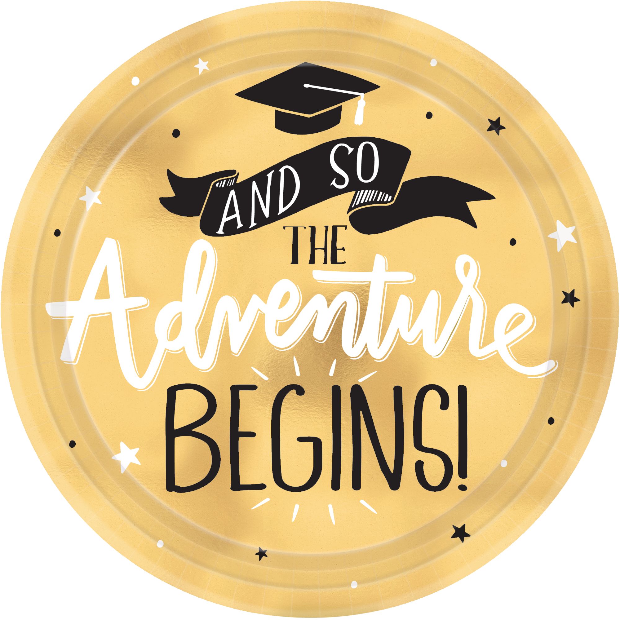 Metallic Gold The Adventure Begins Dessert Plates, 8-pk Overhead_Flat