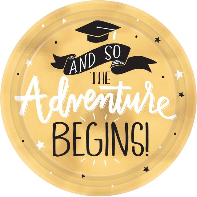 Metallic Gold The Adventure Begins Dessert Plates, 8-pk Overhead_Flat