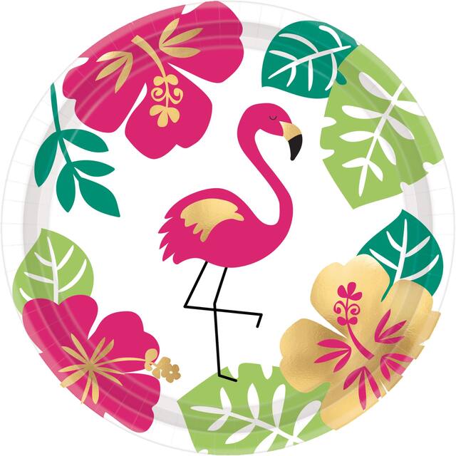 Aloha Flamingo Round Paper Disposable Dessert Plates, Pink/White, Floral, 7-in, 8-pk, for Tropical Summer Party Overhead_Flat