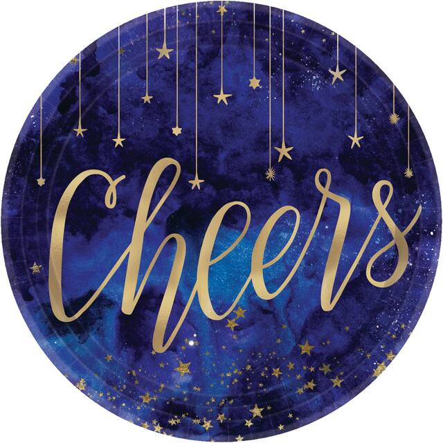 Metallic Gold Midnight New Year's Eve Dessert Plates, 8-ct Overhead_Flat