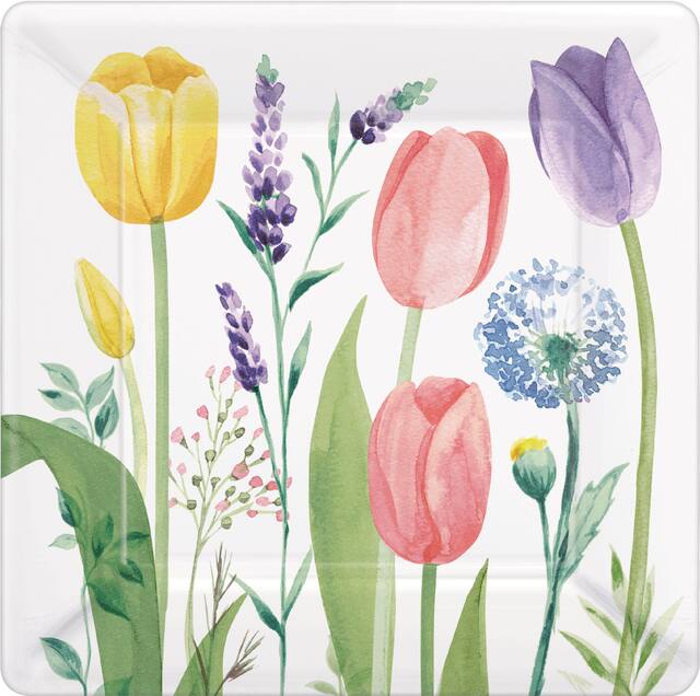 Spring Tulip Garden Square Paper Disposable Dessert Plates, White/Pink/Purple, Floral, 7-in, 8-pk, for Easter/Mother's Day/Brunch Overhead_Flat