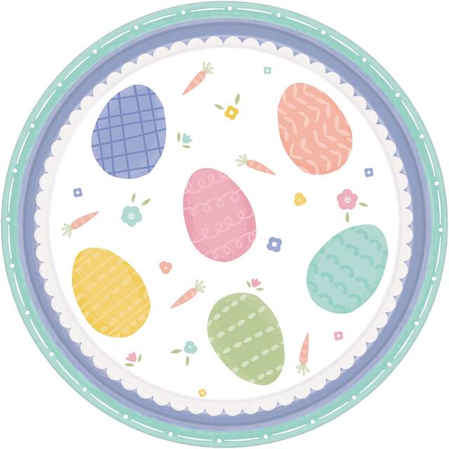 Round Paper Disposable Dessert Plates, White/Blue, Easter Eggs, 7-in, 8-pk, for Easter/Spring Party Overhead_Flat