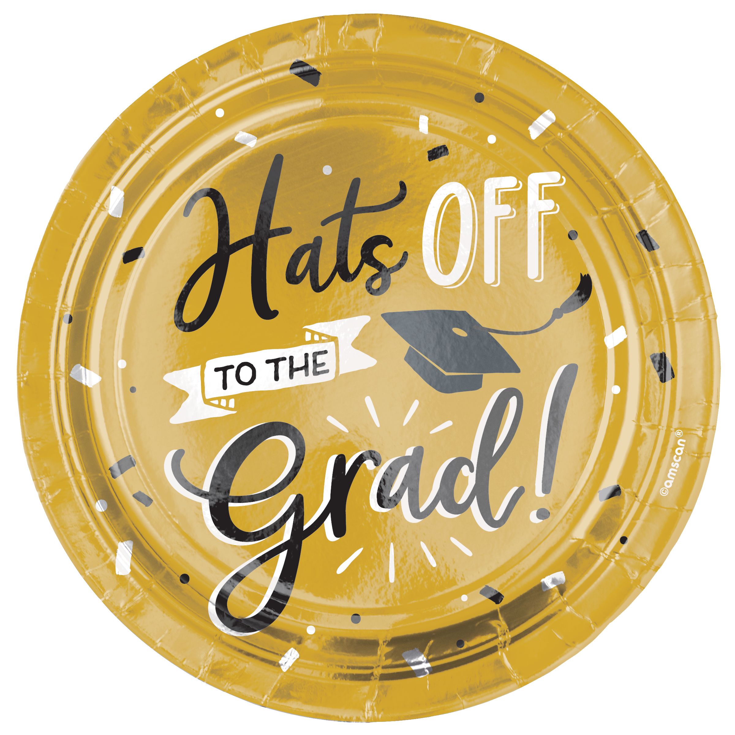 Hats Off Graduation Paper Dessert Plates, Black/Gold, 8-pc Front_Flat