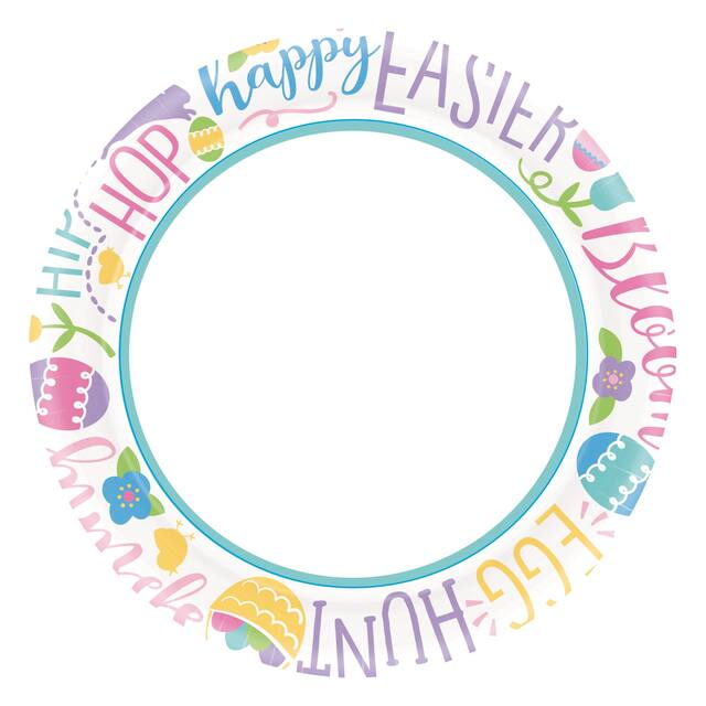 "Happy Easter" Round Paper Disposable Dessert Plates, White/Pink/Blue, 6-in, 40-pk, for Easter Overhead_Flat