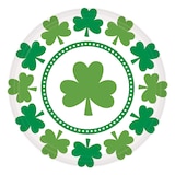 Round Paper Disposable Lunch Plates, Green/White, Shamrock, 9-in, 8-pk, for St. Patrick's Day Overhead_Flat