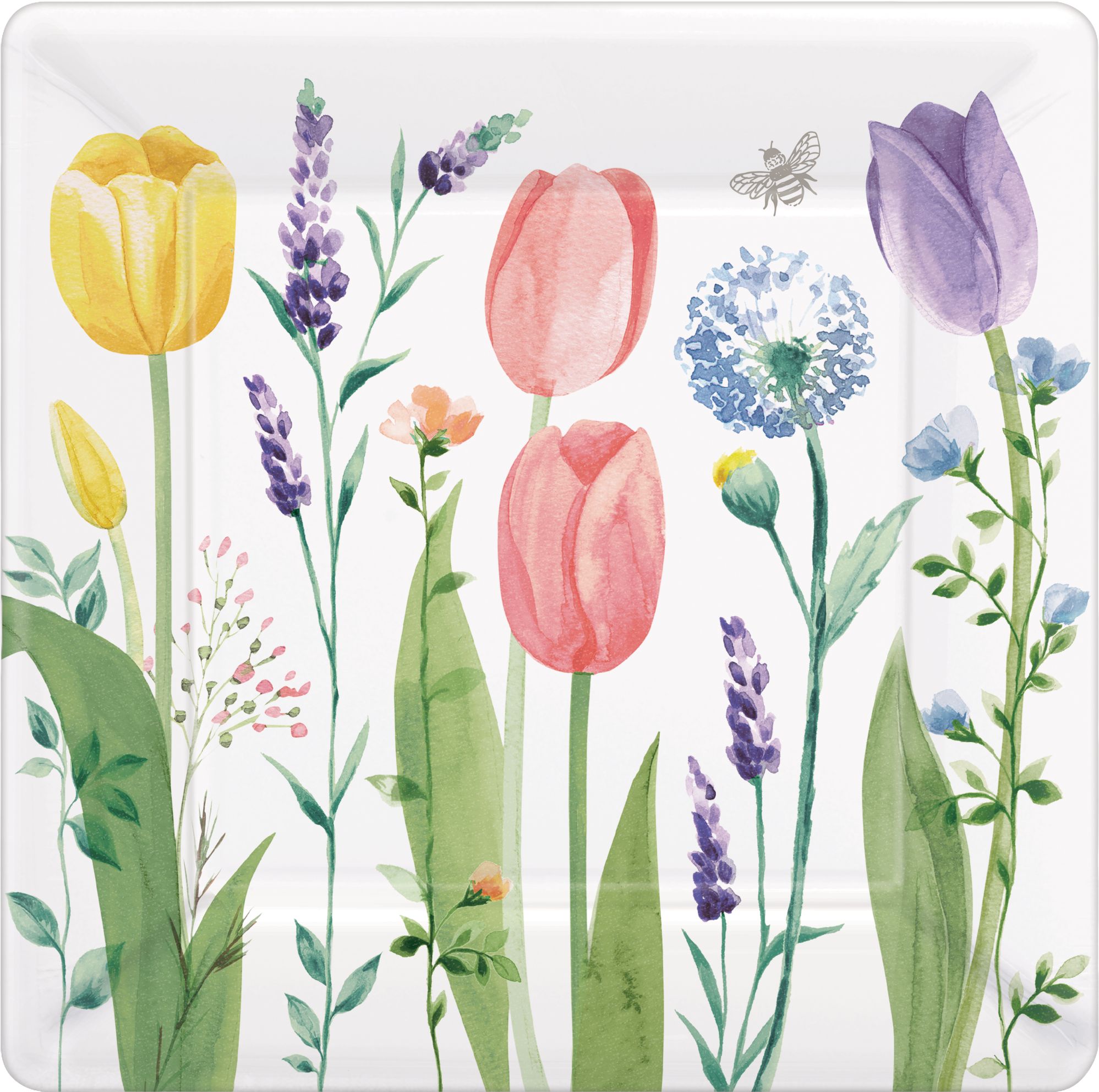 Spring Tulip Garden Square Paper Disposable Dinner Plates, White/Pink/Purple, Floral, 10-in, 8-pk, for Easter/Mother's Day/Brunch Overhead_Flat
