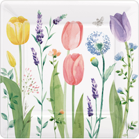 Spring Tulip Garden Square Paper Disposable Dinner Plates, White/Pink/Purple, Floral, 10-in, 8-pk, for Easter/Mother's Day/Brunch Overhead_Flat