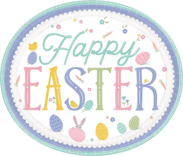 "Happy Easter" Oval Paper Disposable Dinner Plates, White/Purple, 12-in, 8-pk, for Easter Overhead_Flat