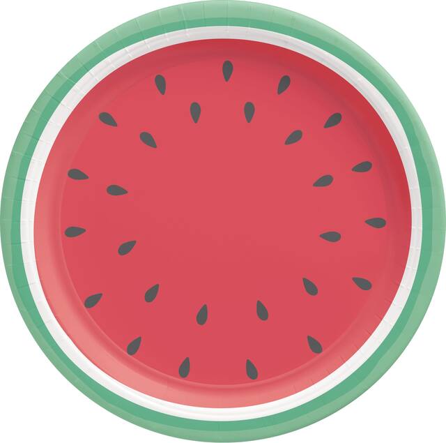 Tutti Frutti Watermelon Paper Disposable Dinner Plates, Red/Green, 10.5-in, 8-pk, for Summer Party Overhead_Flat
