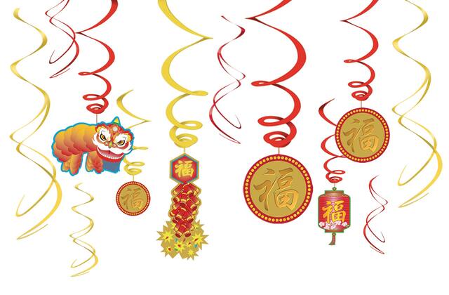 Swirl Hanging Decorations, Red/Gold, 10-in, 6-pk, for Lunar New Year Front_Flat
