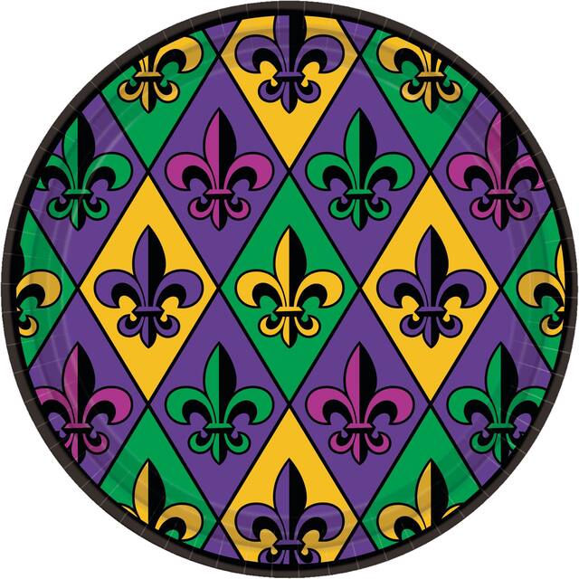 Round Paper Disposable Lunch Plates, Green/Purple, 9-in, 18-pk, for Mardi Gras Overhead_Flat
