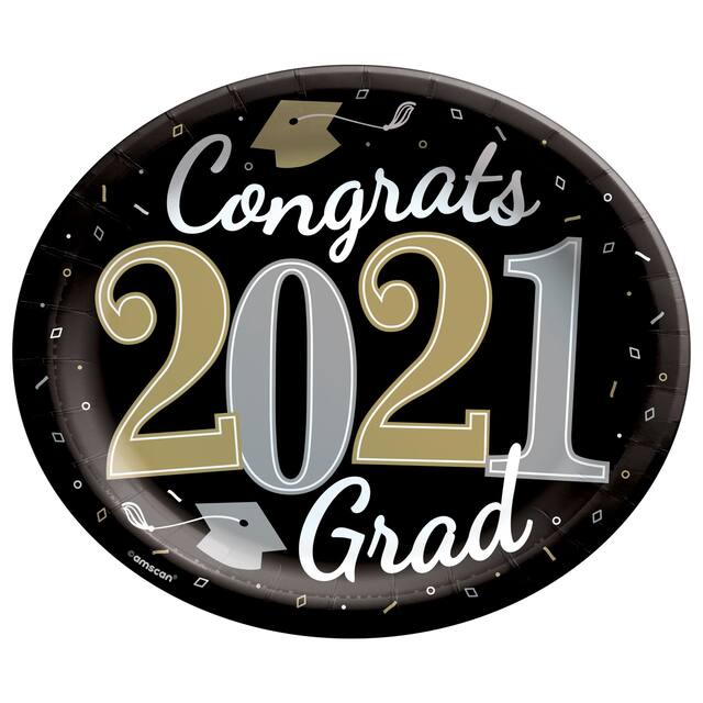 Assiettes en papier ovales Congrats 2020 Grad, noir/argenté/doré, paquet de 18 Front_Flat