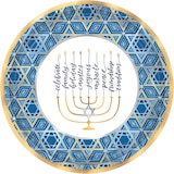 Festival of Lights "Celebrate, Family, Candles" Round Paper Disposable Dinner Plates, Blue/Gold, Menorah, 12-in, 18-pk, for Hanukkah Overhead_Flat