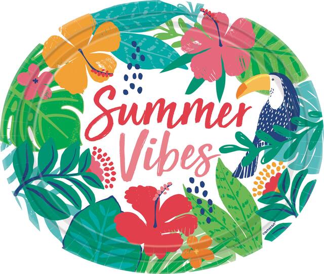 Tropical Jungle "Summer Vibes" Oval Paper Disposable Dinner Plates, Multi-Coloured, Floral, 12-in, 18-pk, for Summer Party Overhead_Flat
