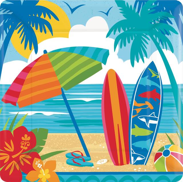 Assiettes à dessert Plage, soleil et surf, paq. 18 Overhead_Flat