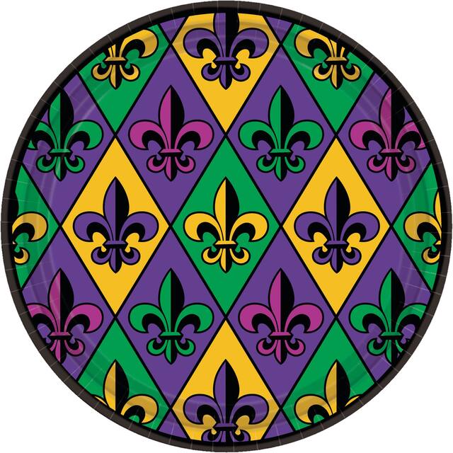 Round Paper Disposable Dessert Plates, Green/Purple, 7-in, 18-pk, for Mardi Gras Overhead_Flat